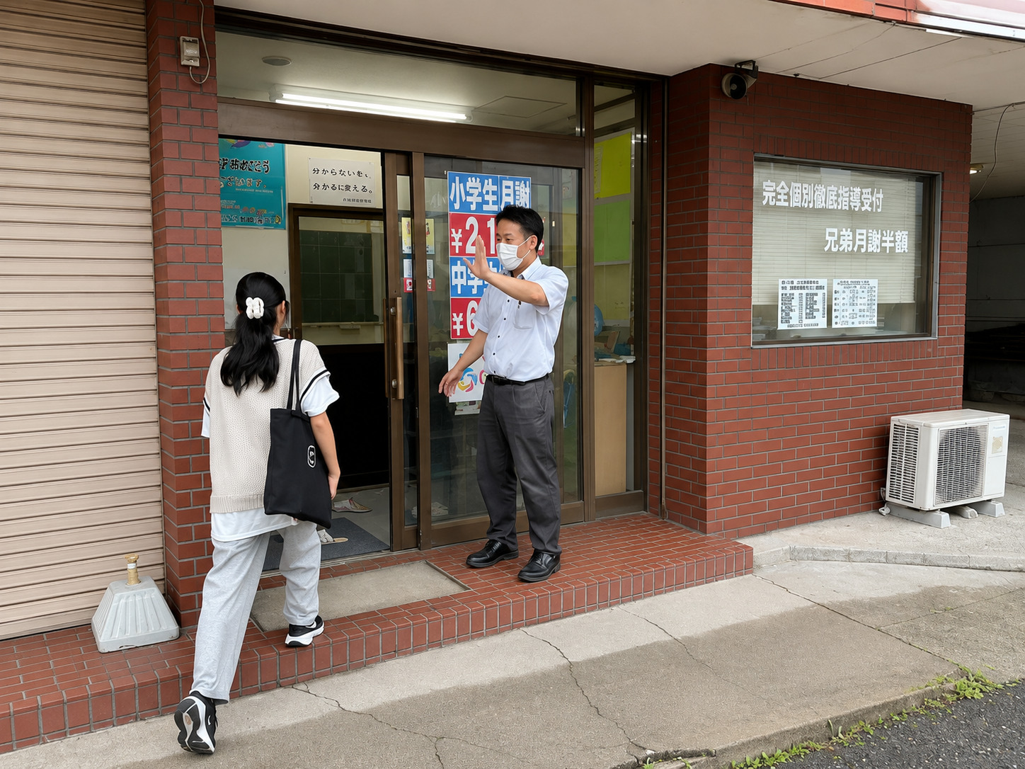 教室入口で生徒を迎える様子