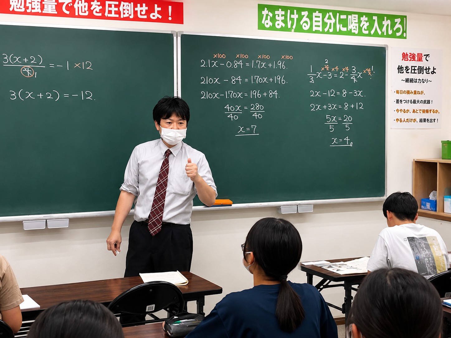 黒板を使って指導する講師と授業を受ける中学生
