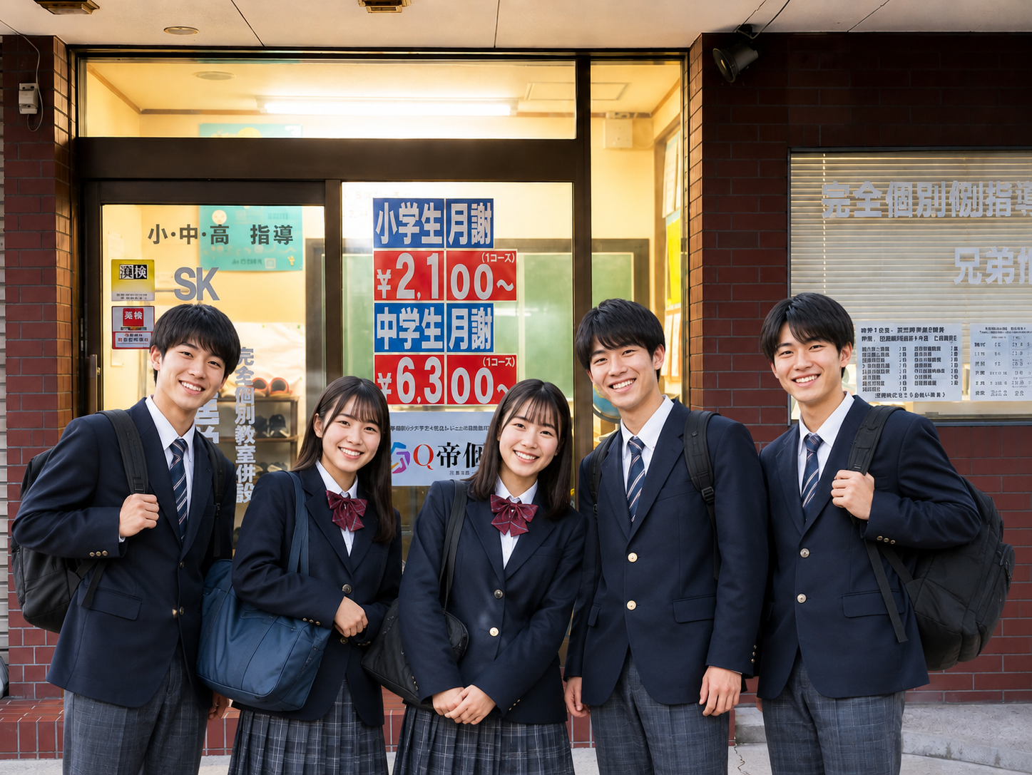 教室前で笑顔を見せる卒業生たち